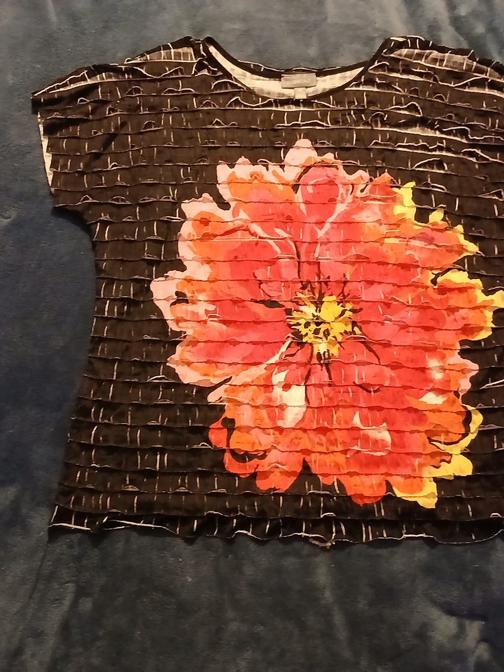 Essentials Black Short Sleeve Top with Red & Yellow Floral Graphic
